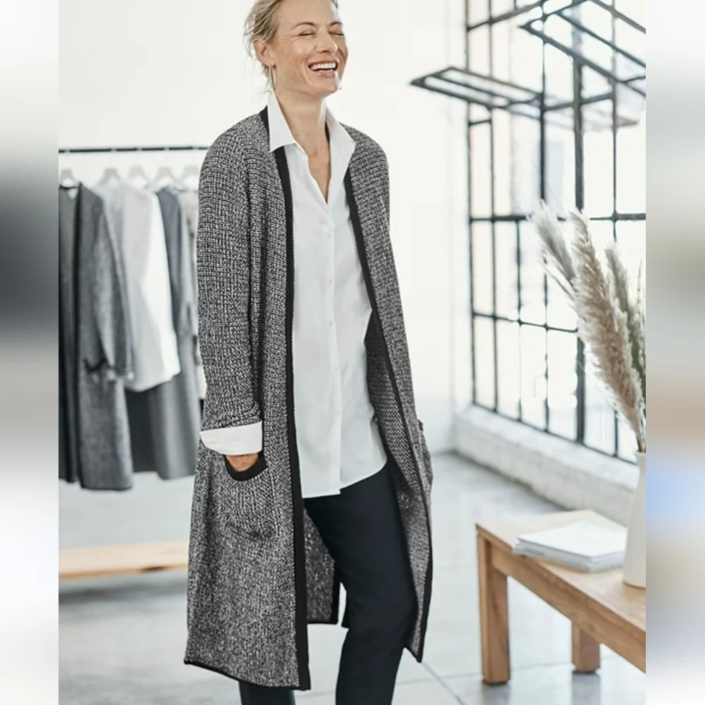 J.JILL Wearever Collection Black Knit Textured Tweed Long Duster Cardigan Sz M